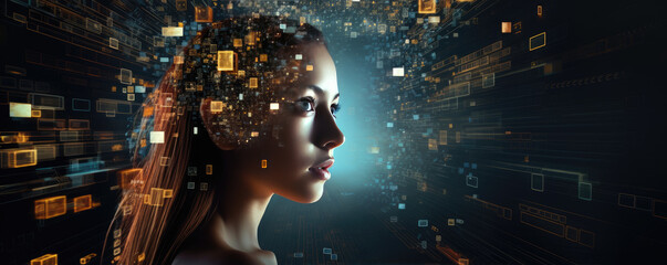 Artificial Intelligence. Woman using technology. Girl enter command prompt for generates dreams, Futuristic concept.
