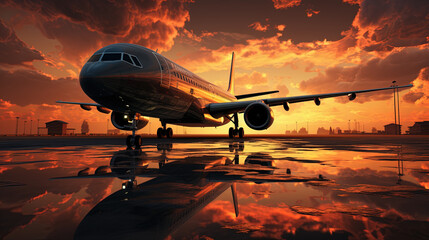 Fototapeta na wymiar Airplane Landing On Runway At Golden Hour of Sunset on Blurry Background