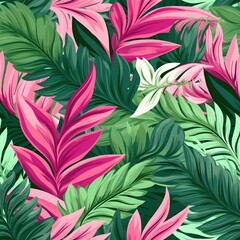 Seamless pattern of abstract tropical leaves in green and pink, illustrations