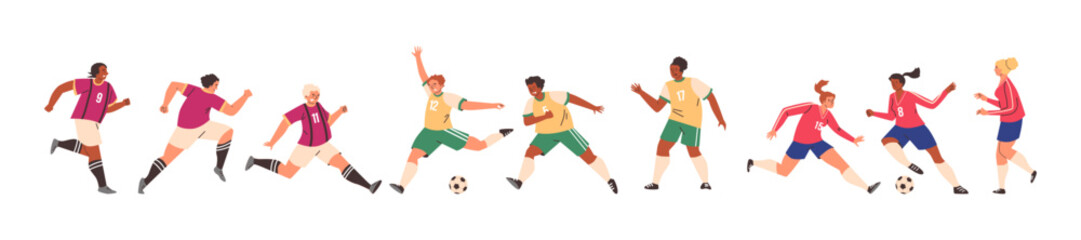 Football soccer players vector set in action, cartoon athlete men and women in various dynamic poses fighting for ball