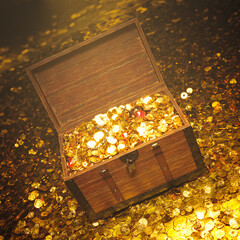 Enigmatic Antique Chest Overflowing with Glimmering Gold and Jewels © Dabarti