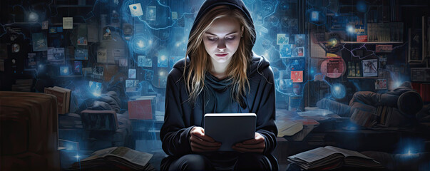 Obraz premium Artificial Intelligence. Woman using technology. Girl enter command prompt for generates dreams, Futuristic concept.
