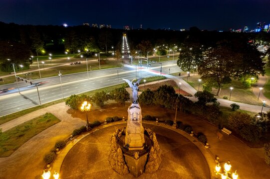 Aerial view of the Russalka Memorial statue situated near the coastline of Tallinn, Estonia.