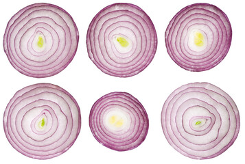 Set red onion slices isolated on a transparent background. A slice of the rings, top view.