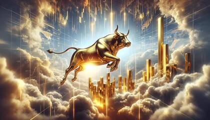 AI-generated illustration of a shimmering gold bull soaring above the clouds, financial bull market - obrazy, fototapety, plakaty