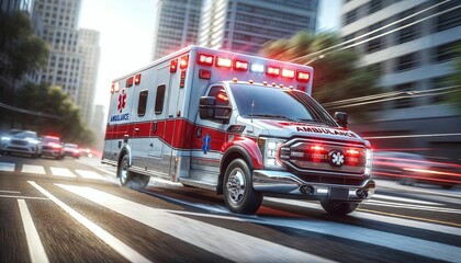 AI-generated illustration of an ambulance with emergency lights activated travelling down a street