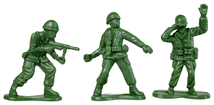 Green toy soldiers isolated on a transparent background. Traditional figurines.