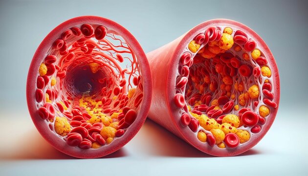 AI-generated illustration of two human blood vessels affected by cholesterol buildup