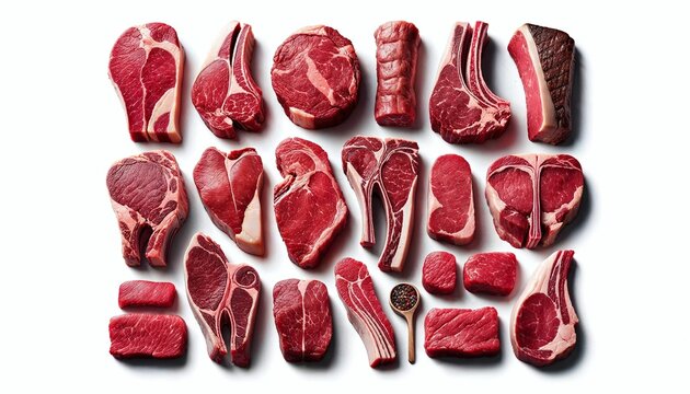 AI-generated illustration of raw red meat cuts neatly arranged against a white background
