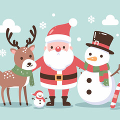 Contemporary Festive Trio: Santa, deer, snowman. Ideal for postcards and backgrounds. Effortless chic holiday decor with Santa focus.