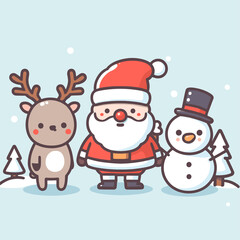 Chic Holiday Icons: Santa, deer, snowman. Perfect for postcards and backgrounds. Chic and focused festive decor.