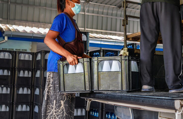 Workers lift white drinking water bottles in crates into the back of a transport truck purified...