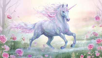 Fantasy Horse with Flowing Mane Surrounded by Blooming Flowers