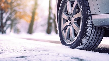 Winter tires, road safety. Car wheel covered with snow on the road in winter. Winter background. Generative AI.