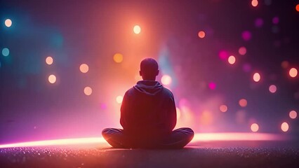 meditation dark blue,purple sparkling background with stars in the sky and blurry lights, illustration. Abstract, Universe, Galaxies, yoga. Male silhouette. Lotus pose meditation in the cosmic energy 