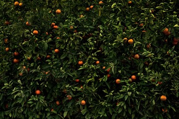 Picturesque grove of orange trees with lush branches full of ripe, juicy oranges