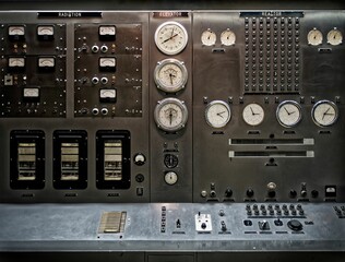 Closeup shot of details on a vintage nuclear power plant control panel