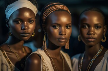 Black females on fashion designer show. Elegance casting models demonstration event. Generate ai