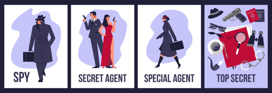 Secret agent and spy posters set, flat vector illustration.