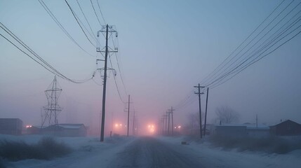 AI illustration of a snow covered road and a backdrop of power lines on the horizon.