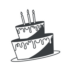 Wedding element of black line set. In this charming wedding-themed artwork outlined in black, a tiered wedding cake takes center stage, showcasing its exquisite design. Vector illustration.