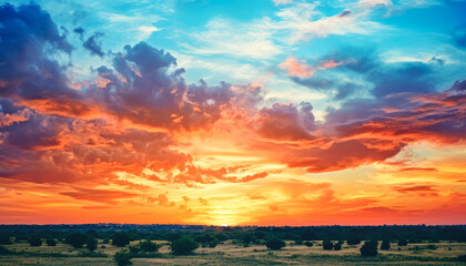cloudy sky evening at African grasslands Tranquil Sunset over rural Skyline - obrazy, fototapety, plakaty
