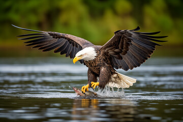 North American bald eagle Haliaeetus leucocephalus in flight attempting to catch a fish