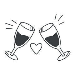 Wedding element of black line set. In this artwork outlined in black, two beautifully depicted champagne glasses stand as a timeless symbol of romance and joy. Vector illustration.