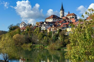 Fototapeta na wymiar Beautiful townscape of Novo mesto on Krka river in Slovenia
