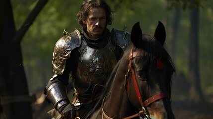 Man in knight armor riding a horse - obrazy, fototapety, plakaty