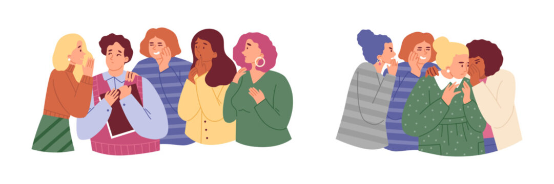 People discussion meeting, gossip together, women two group and man telling, whispering secrets vector illustration