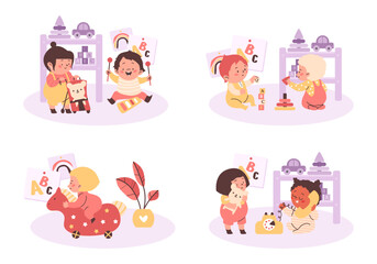 Set of cute babies playing with toys together, flat vector illustration isolated on white background.