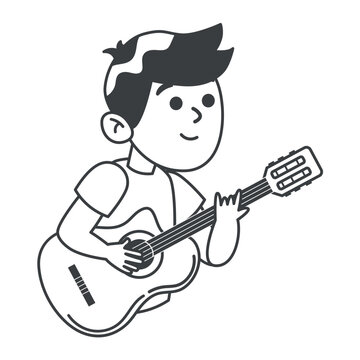 Music instrument of black line set. In this music-themed illustration, the black outline depicts a talented guy musician passionately playing his instrument. Vector illustration.
