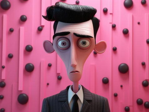 A model of a man with a pompadour hairstyle and a puzzled look against a pink backdrop with black spheres.