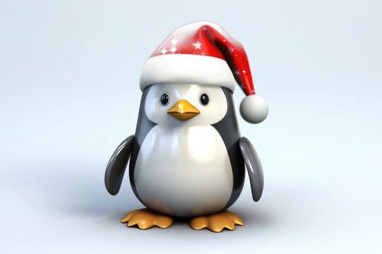 A charming penguin donning a festive Santa hat stands against a neutral background, evoking holiday cheer.