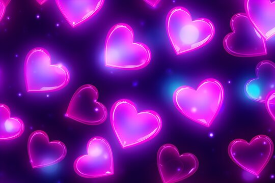 Hearts in Neon Elegance. Purple neon love hearts bliss. Valentine's day glowing banner with shiny hearts as a template for greeting card, invitation, ads. Love day festive background