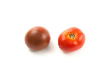 Assort of different color tomatoes isolated on white background with clipping path. .
