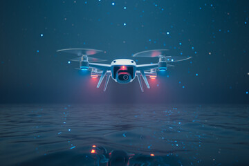 Twilight Hovering Drone Capturing Serene Water Landscape with Bright LEDs