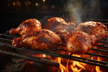 Seasoned juicy chicken drumsticks grilled on barbecue. Generative AI