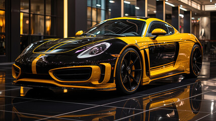 A Futuristic Super Luxury Yellow Car in Modern Showroom on Blurry Background