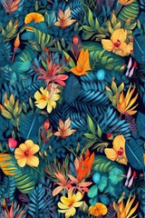 AI generated illustration of a vibrant, seamless image of lush tropical foliage and blooming flowers
