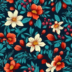 AI generated illustration of a pattern of vibrant red, white, and blue flowers, leaves and berries