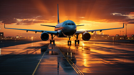 Airplane Landing On Runway At Golden Hour of Sunset on Blurry Background
