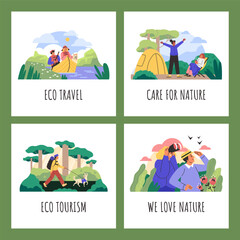 Ecotourism travel web banners or posters set, flat vector illustration.