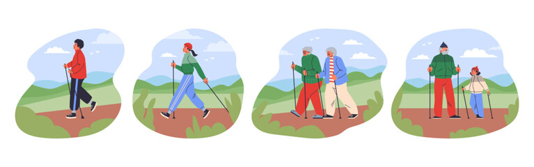 Set of scenes with people nordic walking flat style, vector illustration