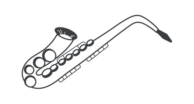 Music instrument of black line set. In this captivating music-themed illustration, a sleek black outline beautifully showcases the elegant curves of a saxophone. Vector illustration.