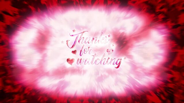 Thank you for watching with beautiful red  heart floating on red abstract love valentine cinematic title background for End Screen Your Video. 4K 3D motion graphics animation. Title Video ending anima