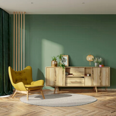 Interior of modern living room with wooden sideboard.Contemporary room with armchair, generative ai