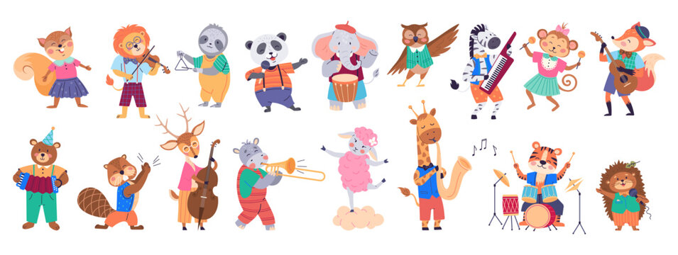 Animal band vector illustration. A festive event unfolds with wildlife concert, featuring talented animal orchestra The cheerful marching band fauna adds lively touch to zoo