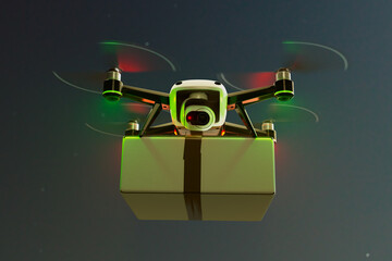 Autonomous Delivery Drone Flying with Package on Nighttime Skyline